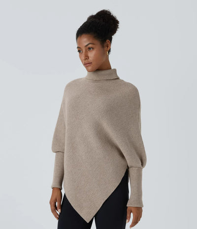 High Neck Long Sleeve Asymmetric Hem Work Sweater