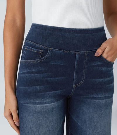 Halara Flex™ Lässige Jeans aus verwaschenem Stretch-Strick mit hohem Bund, mehreren Taschen und weitem Bein