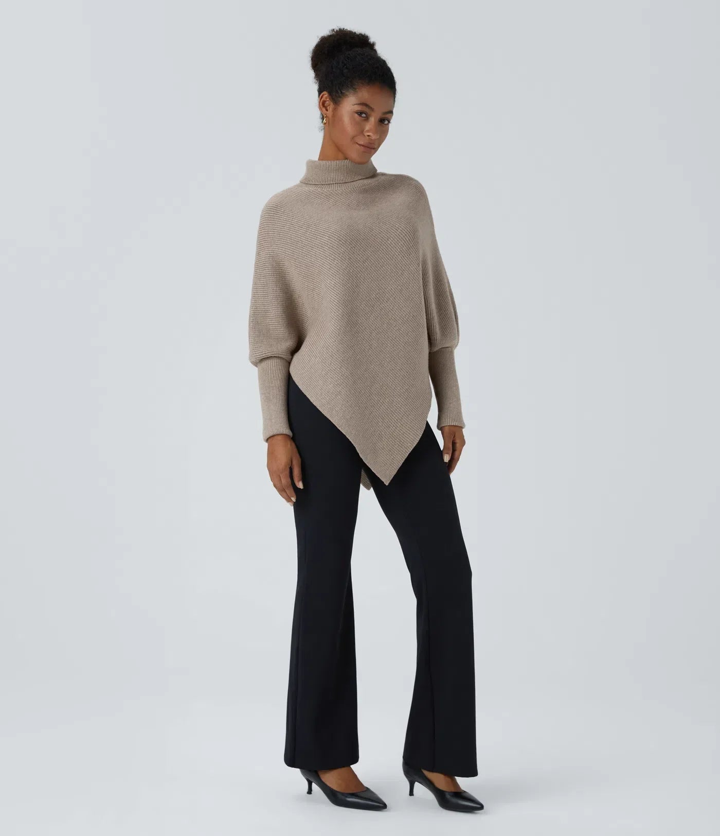 High Neck Long Sleeve Asymmetric Hem Work Sweater